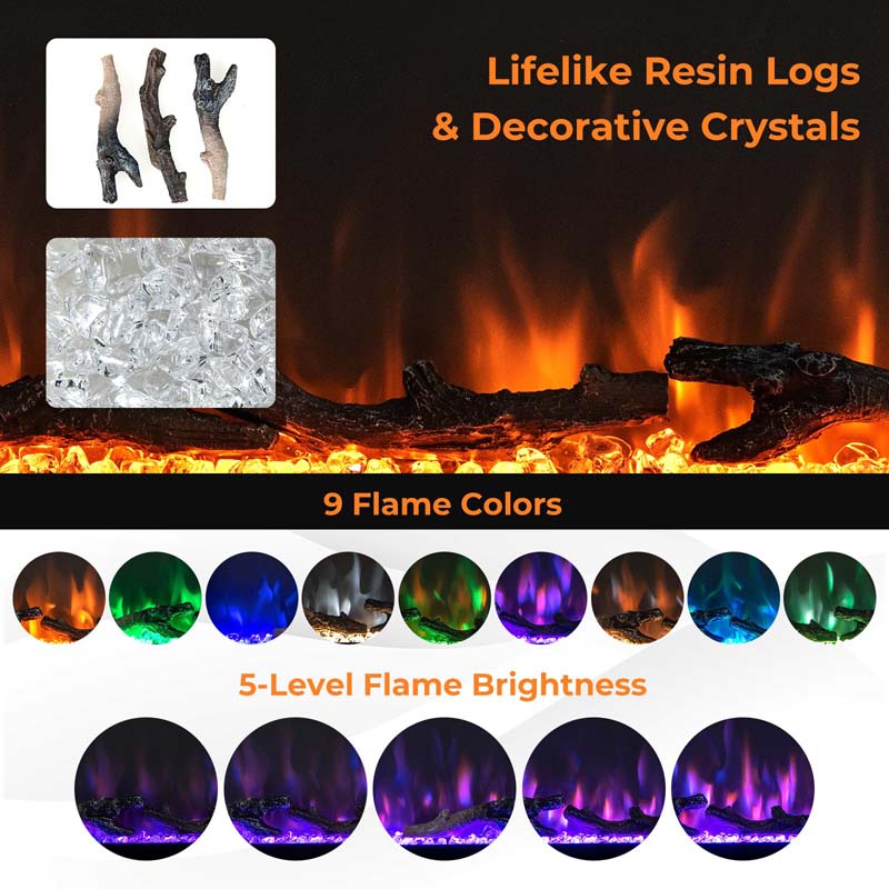 36"/42"/50" Wide Electric Fireplace Recessed/Wall Mounted/Freestanding, 750W/1500W Linear Fireplace Heater Insert with 9 Flame Color