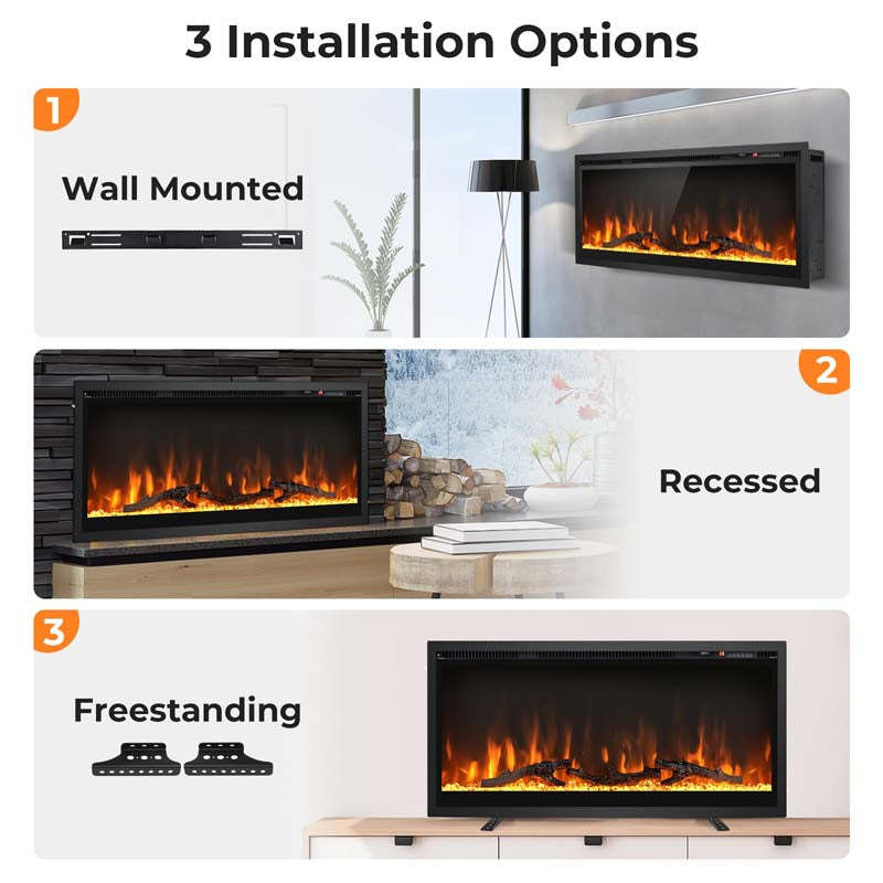 36"/42"/50" Wide Electric Fireplace Recessed/Wall Mounted/Freestanding, 750W/1500W Linear Fireplace Heater Insert with 9 Flame Color