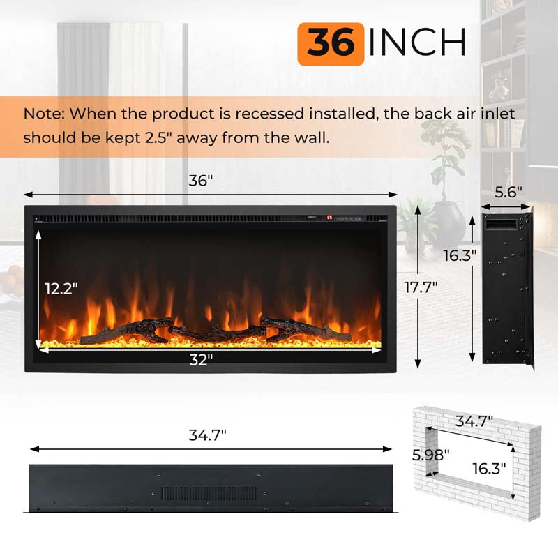 36"/42"/50" Wide Electric Fireplace Recessed/Wall Mounted/Freestanding, 750W/1500W Linear Fireplace Heater Insert with 9 Flame Color