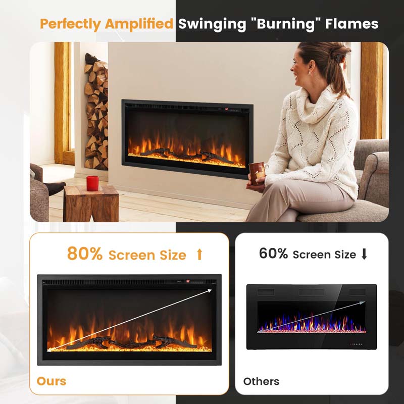 36"/42"/50" Wide Electric Fireplace Recessed/Wall Mounted/Freestanding, 750W/1500W Linear Fireplace Heater Insert with 9 Flame Color