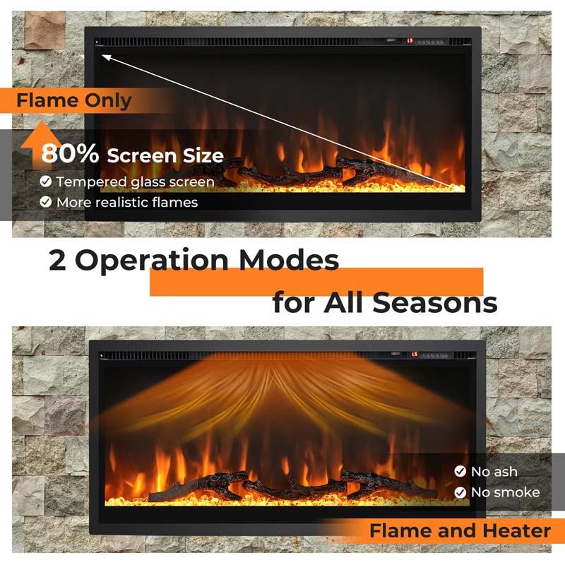36"/42"/50" Wide Electric Fireplace Recessed/Wall Mounted/Freestanding, 750W/1500W Linear Fireplace Heater Insert with 9 Flame Color