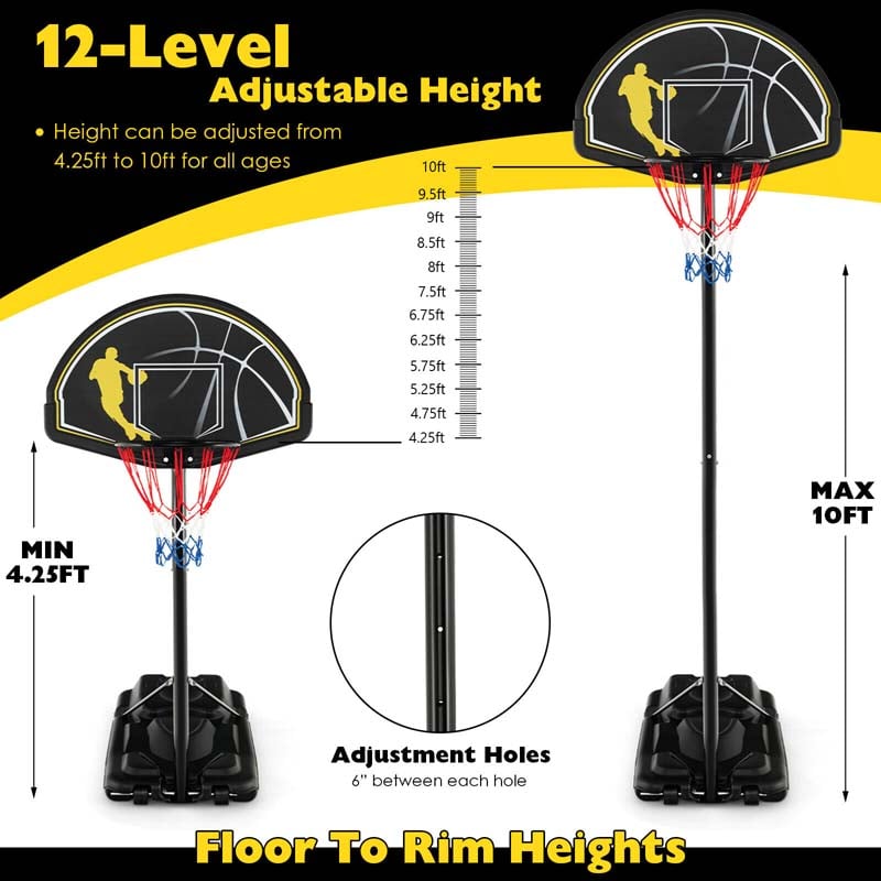 4.25-10FT Portable Basketball Hoop Outdoor Indoor Basketball Goal Hoop System with 44" Backboard & Fillable Base