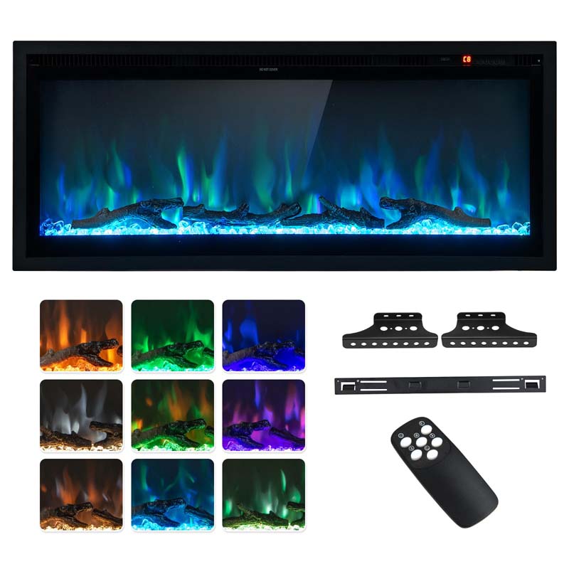 36"/42"/50" Wide Electric Fireplace Recessed/Wall Mounted/Freestanding, 750W/1500W Linear Fireplace Heater Insert with 9 Flame Color