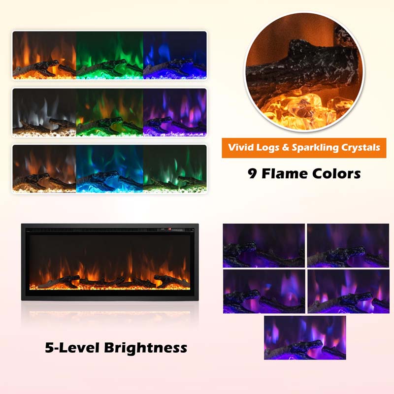 36"/42"/50" Wide Electric Fireplace Recessed/Wall Mounted/Freestanding, 750W/1500W Linear Fireplace Heater Insert with 9 Flame Color