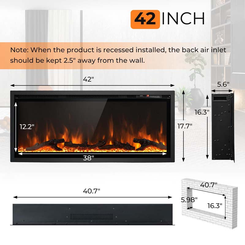 36"/42"/50" Wide Electric Fireplace Recessed/Wall Mounted/Freestanding, 750W/1500W Linear Fireplace Heater Insert with 9 Flame Color