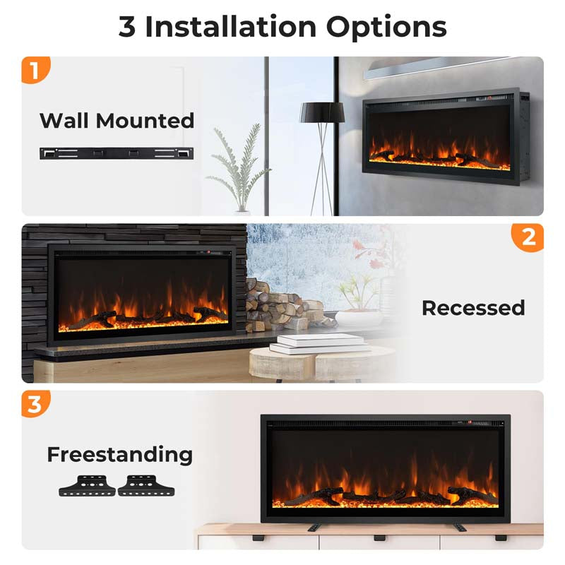 36"/42"/50" Wide Electric Fireplace Recessed/Wall Mounted/Freestanding, 750W/1500W Linear Fireplace Heater Insert with 9 Flame Color