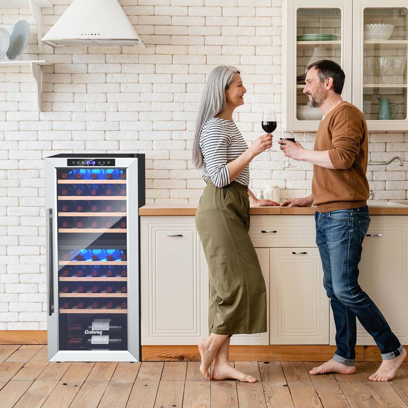 20" 43-Bottle Dual Zone Wine Cooler Refrigerator Freestanding Wine Cellar with 8 Wooden Shelves