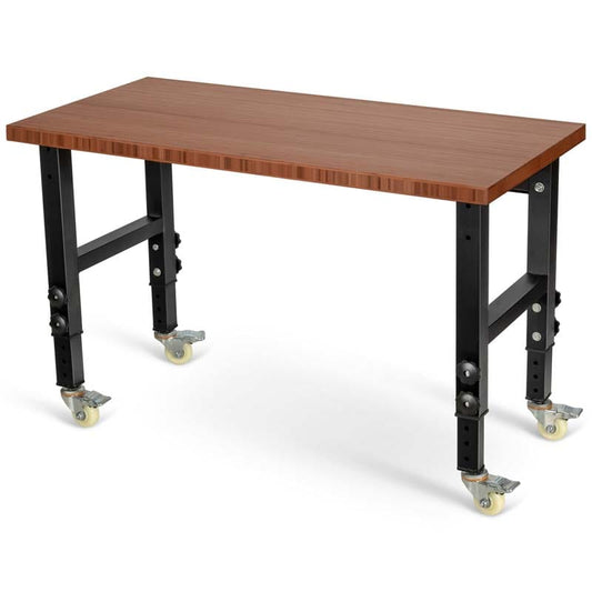 48" x 24" Bamboo Mobile Workbench with Casters, Heavy-Duty Steel Work Table Adjustable Height Workstation