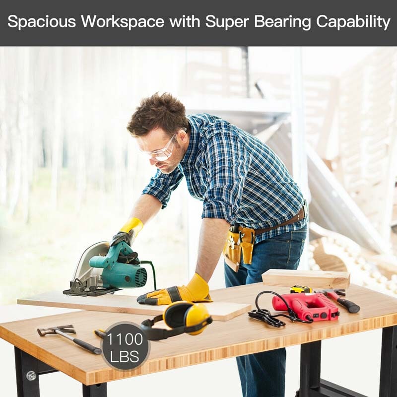 48" x 24" Bamboo Mobile Workbench with Casters, Heavy-Duty Steel Work Table Adjustable Height Workstation