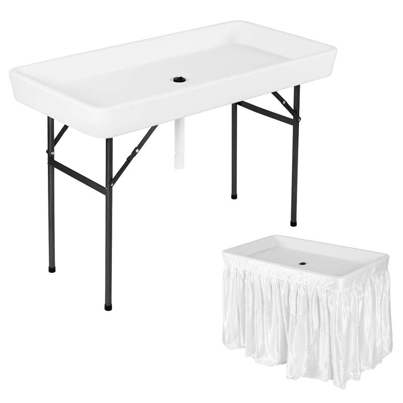 4 Foot Party Folding Ice Table with Drain and Matching Skirt, Outdoor Fill and Chill Table for Cooling Food Beverage