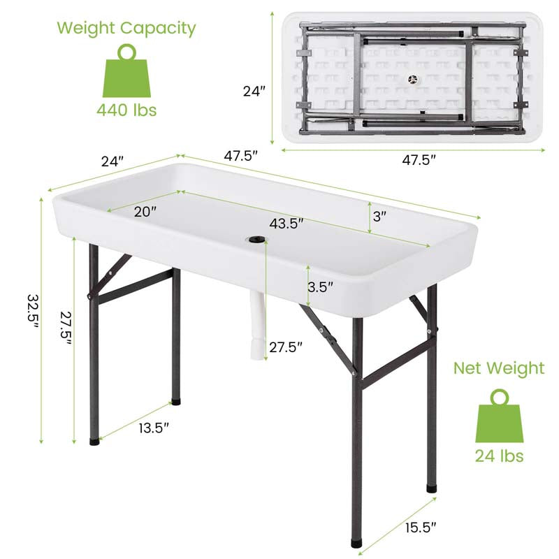 4 Foot Party Folding Ice Table with Drain and Matching Skirt, Outdoor Fill and Chill Table for Cooling Food Beverage