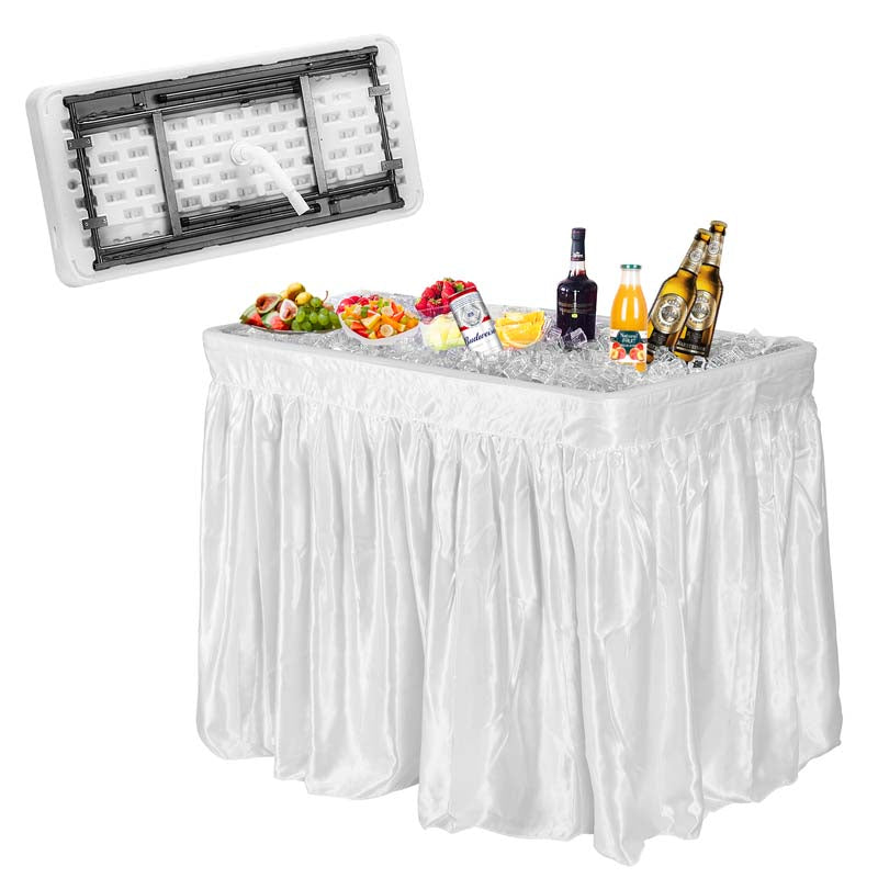 4 Foot Party Folding Ice Table with Drain and Matching Skirt, Outdoor Fill and Chill Table for Cooling Food Beverage