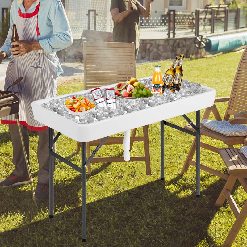 4 Foot Party Folding Ice Table with Drain and Matching Skirt, Outdoor Fill and Chill Table for Cooling Food Beverage