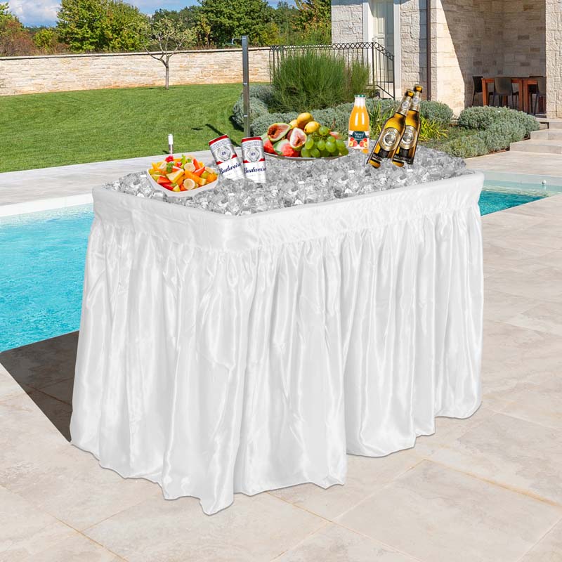 4 Foot Party Folding Ice Table with Drain and Matching Skirt, Outdoor Fill and Chill Table for Cooling Food Beverage