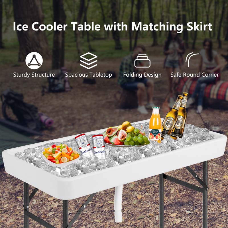 4 Foot Party Folding Ice Table with Drain and Matching Skirt, Outdoor Fill and Chill Table for Cooling Food Beverage