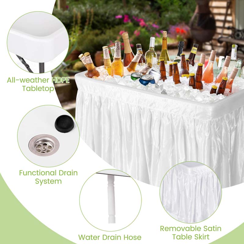 4 Foot Party Folding Ice Table with Drain and Matching Skirt, Outdoor Fill and Chill Table for Cooling Food Beverage