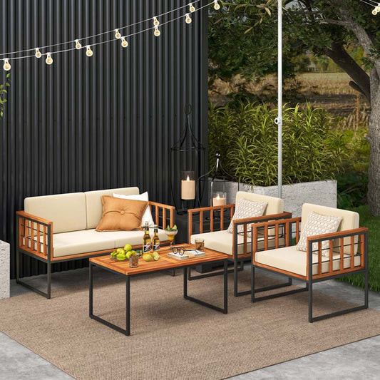 4Pcs Acacia Wood Outdoor Sofa Set with Heavy Duty Metal Frame, Soft Seat & Back Cushions
