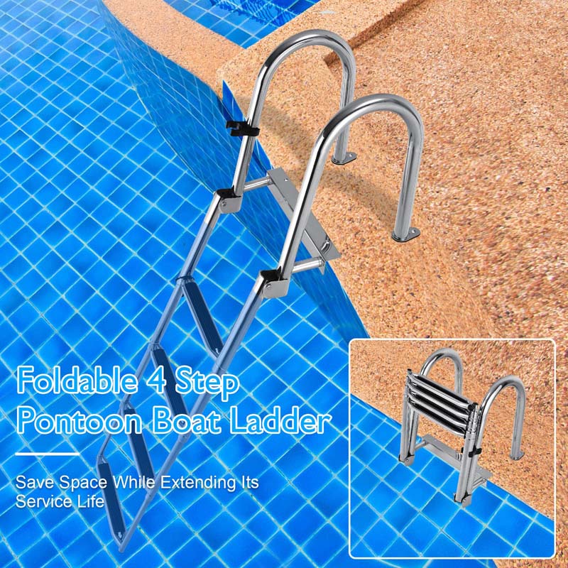 4-Step Folding Pontoon Boat Ladder with Pedal Handrail, Stainless Steel Telescoping Swimming Pool Deck Ladder for Yacht Marine