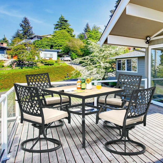 5Pcs Rustproof Steel Outdoor Patio Dining Set with 4 Swivel Rocking Chairs, Soft Cushions