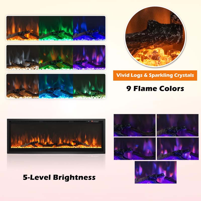 36"/42"/50" Wide Electric Fireplace Recessed/Wall Mounted/Freestanding, 750W/1500W Linear Fireplace Heater Insert with 9 Flame Color