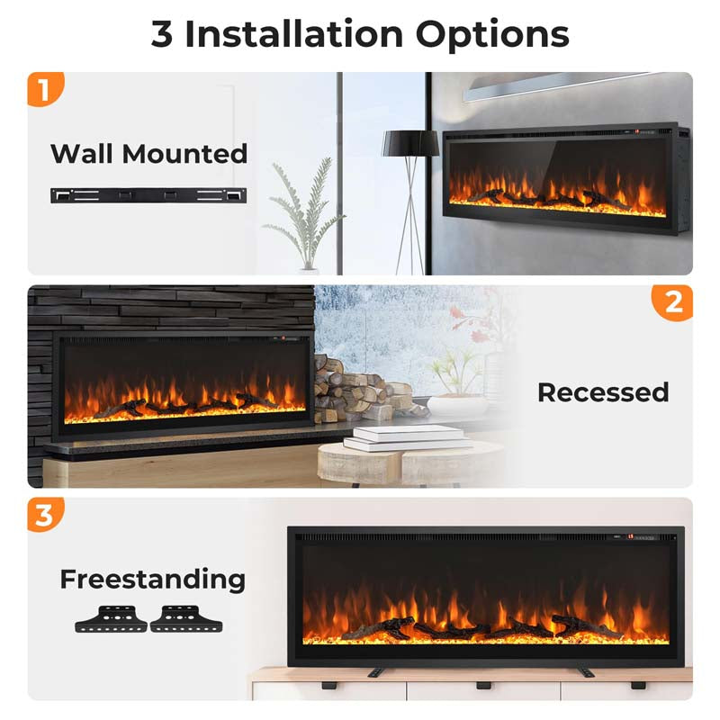 36"/42"/50" Wide Electric Fireplace Recessed/Wall Mounted/Freestanding, 750W/1500W Linear Fireplace Heater Insert with 9 Flame Color