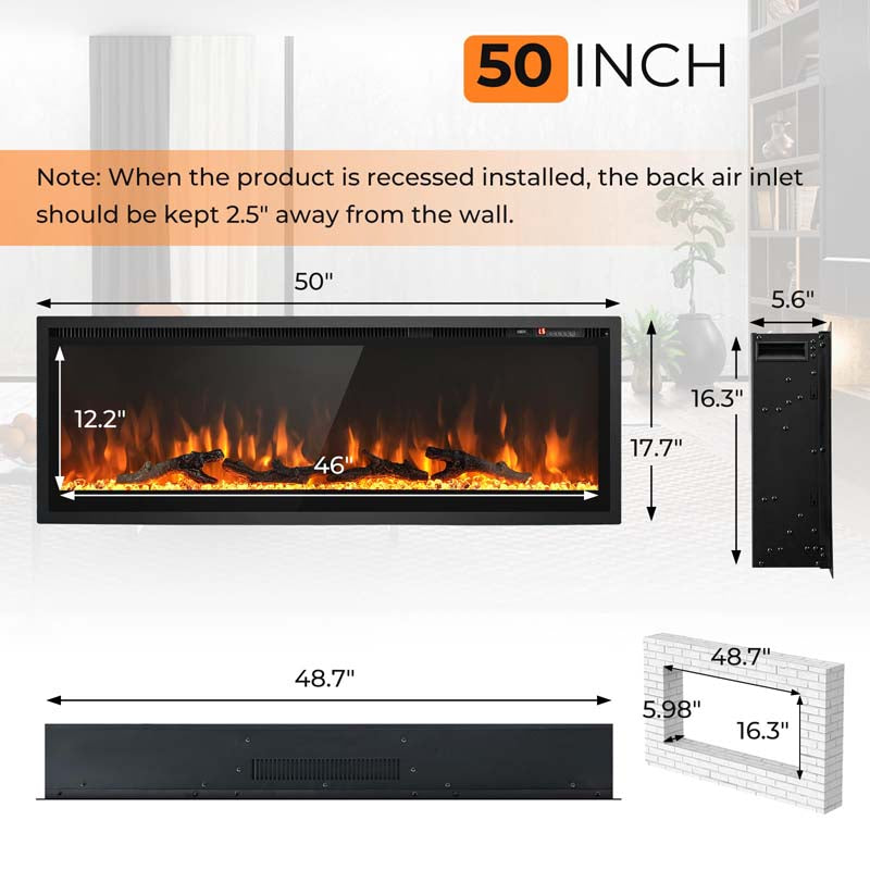 36"/42"/50" Wide Electric Fireplace Recessed/Wall Mounted/Freestanding, 750W/1500W Linear Fireplace Heater Insert with 9 Flame Color