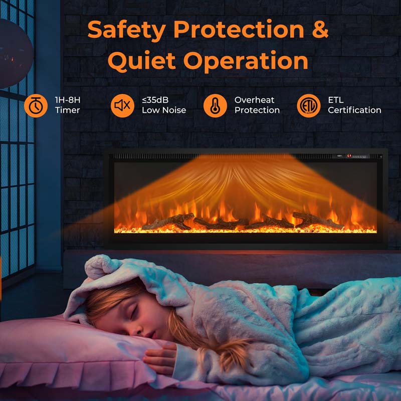 36"/42"/50" Wide Electric Fireplace Recessed/Wall Mounted/Freestanding, 750W/1500W Linear Fireplace Heater Insert with 9 Flame Color