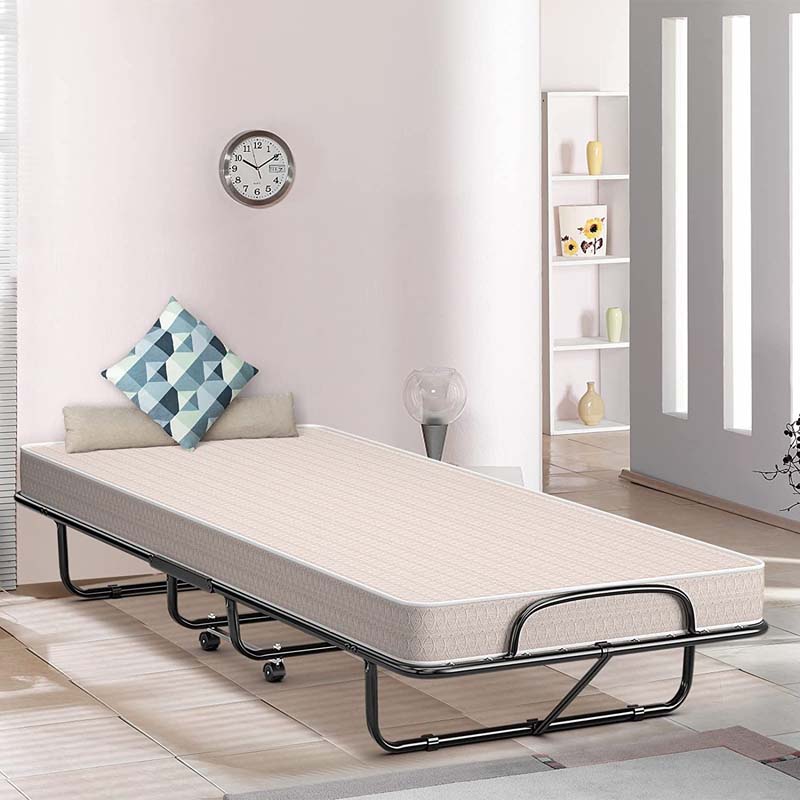 79" x 39" Rollaway Folding Bed with 5" Memory Foam Mattress, Twin Size Portable Guest Bed with Wheels