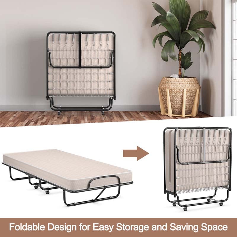 79" x 39" Rollaway Folding Bed with 5" Memory Foam Mattress, Twin Size Portable Guest Bed with Wheels