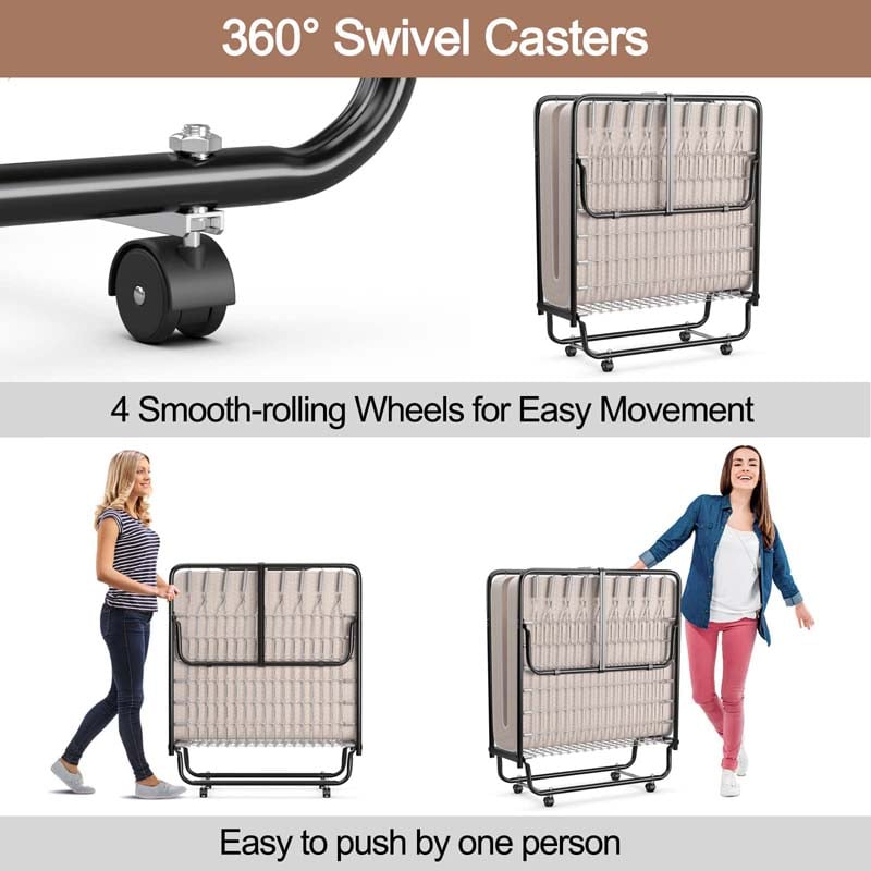79" x 39" Rollaway Folding Bed with 5" Memory Foam Mattress, Twin Size Portable Guest Bed with Wheels