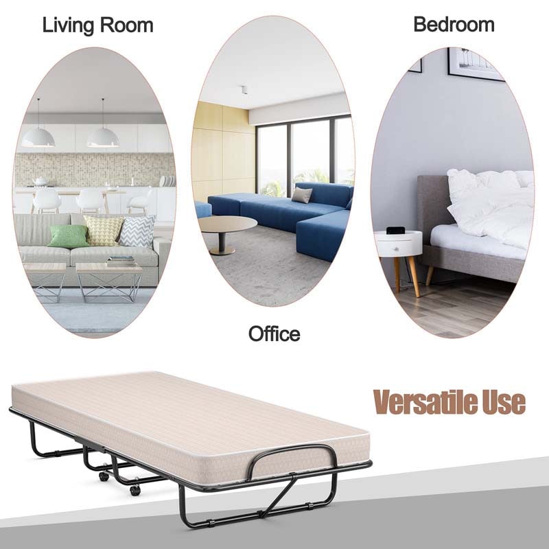 79" x 39" Rollaway Folding Bed with 5" Memory Foam Mattress, Twin Size Portable Guest Bed with Wheels