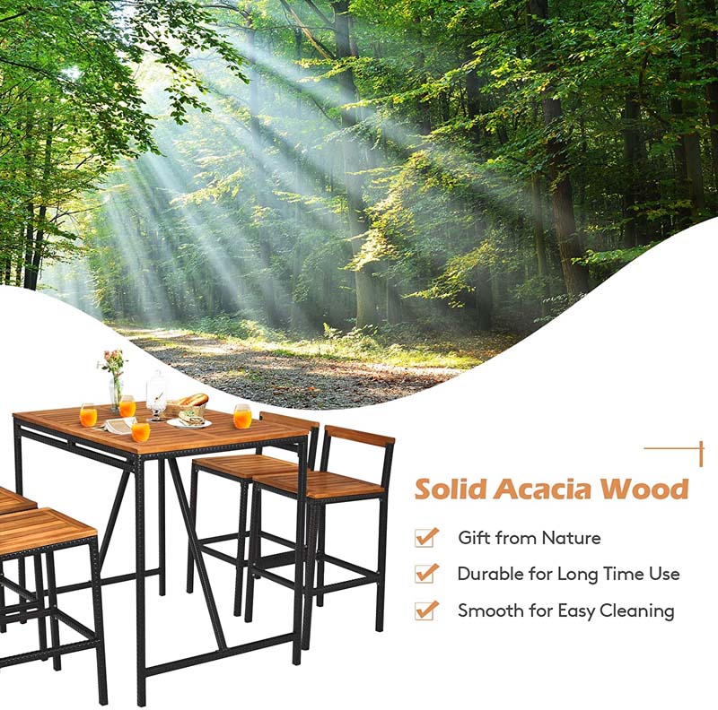 5 Pcs Acacia Wood Rattan Wicker Outdoor Patio Bar Set Dining Table Set with 1.9" Umbrella Hole & 4 Bar Stools