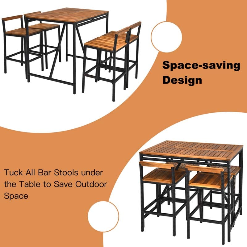 5 Pcs Acacia Wood Rattan Wicker Outdoor Patio Bar Set Dining Table Set with 1.9" Umbrella Hole & 4 Bar Stools