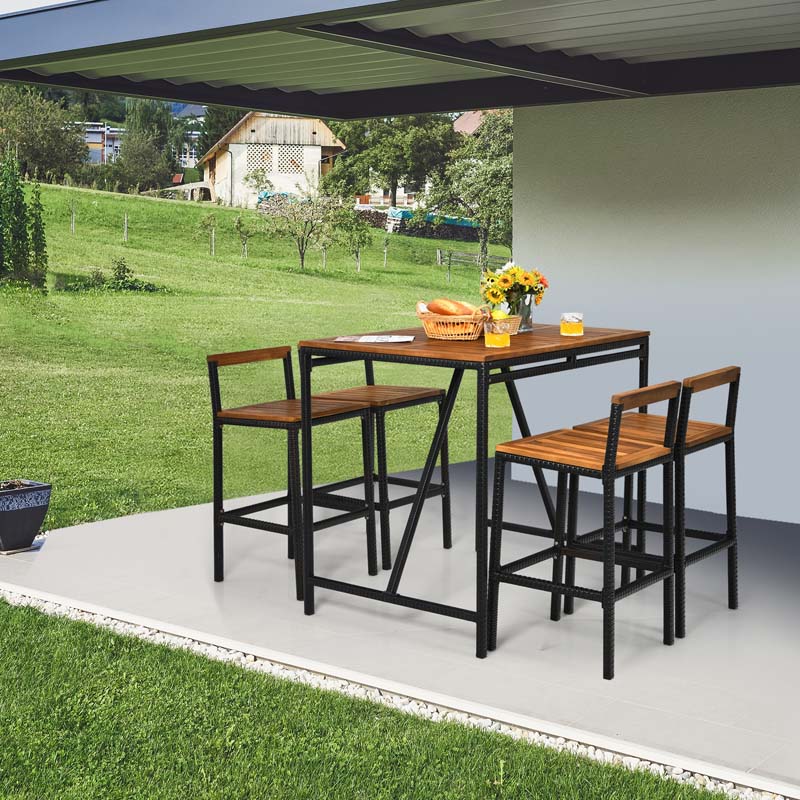 5 Pcs Acacia Wood Rattan Wicker Outdoor Patio Bar Set Dining Table Set with 1.9" Umbrella Hole & 4 Bar Stools