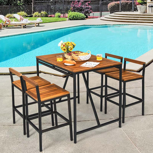 5 Pcs Acacia Wood Rattan Wicker Outdoor Patio Bar Set Dining Table Set with 1.9" Umbrella Hole & 4 Bar Stools