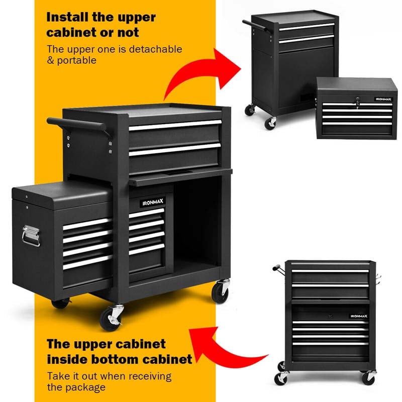 Heightened 6-Drawer Rolling Tool Chest Cabinet with Riser & Lock, 3 in 1 Big Toolbox Organizer for Workshop Garage