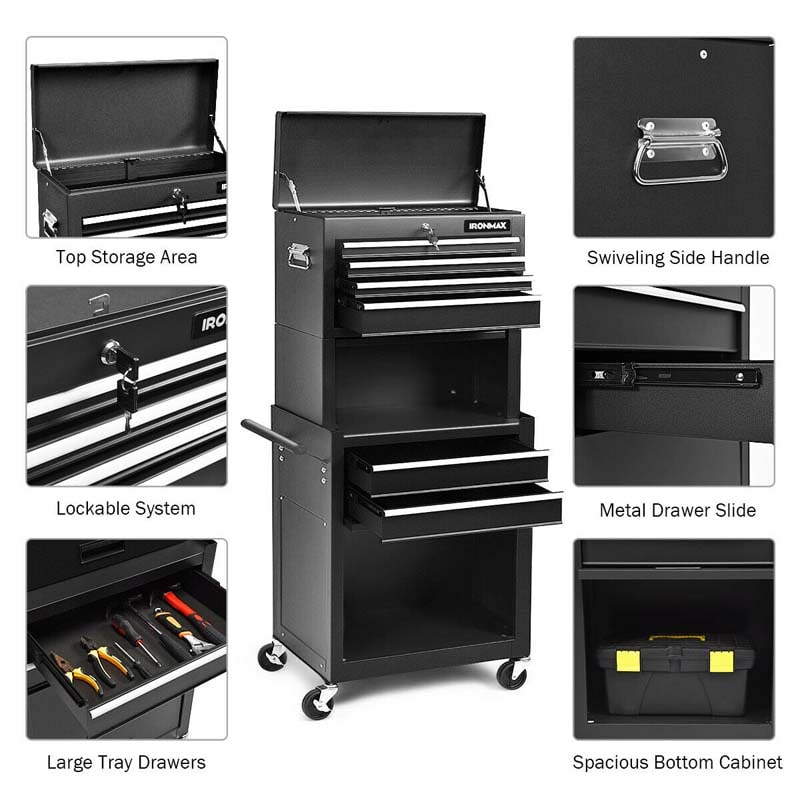 Heightened 6-Drawer Rolling Tool Chest Cabinet with Riser & Lock, 3 in 1 Big Toolbox Organizer for Workshop Garage