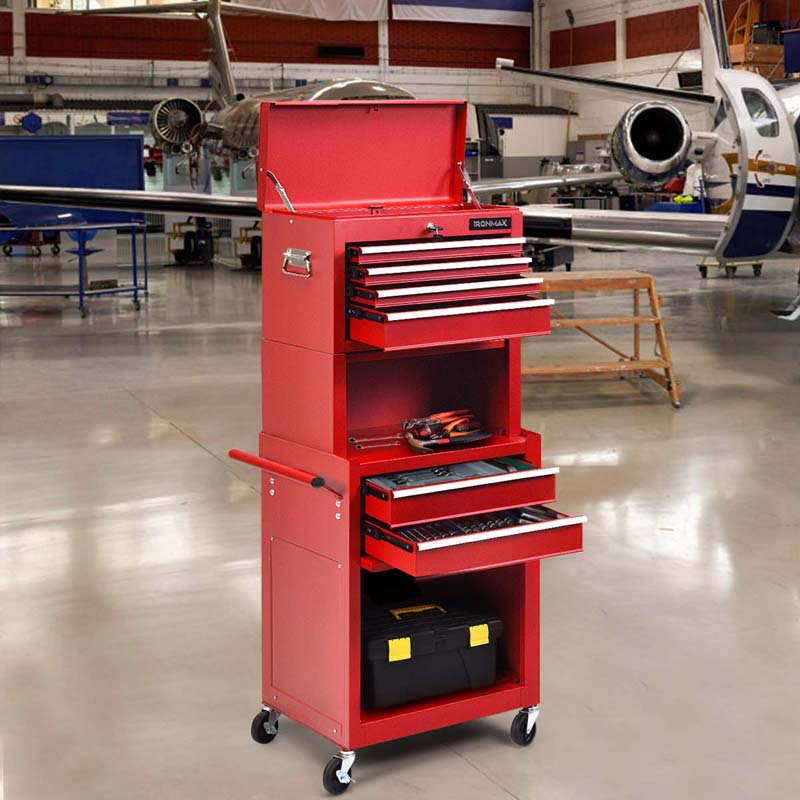 Heightened 6-Drawer Rolling Tool Chest Cabinet with Riser & Lock, 3 in 1 Big Toolbox Organizer for Workshop Garage