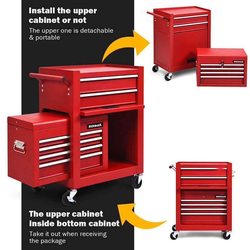 Heightened 6-Drawer Rolling Tool Chest Cabinet with Riser & Lock, 3 in 1 Big Toolbox Organizer for Workshop Garage