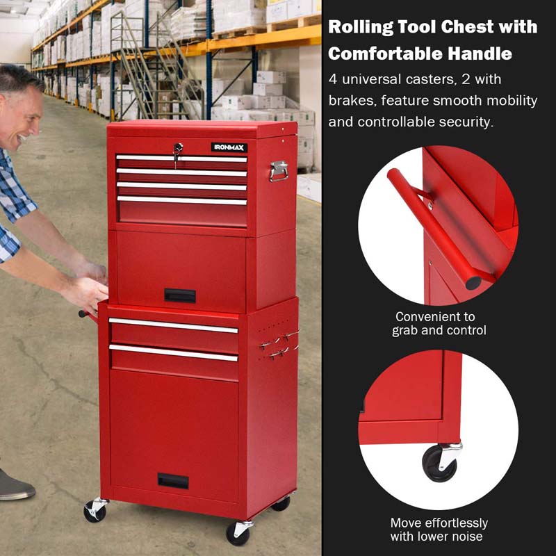 Heightened 6-Drawer Rolling Tool Chest Cabinet with Riser & Lock, 3 in 1 Big Toolbox Organizer for Workshop Garage