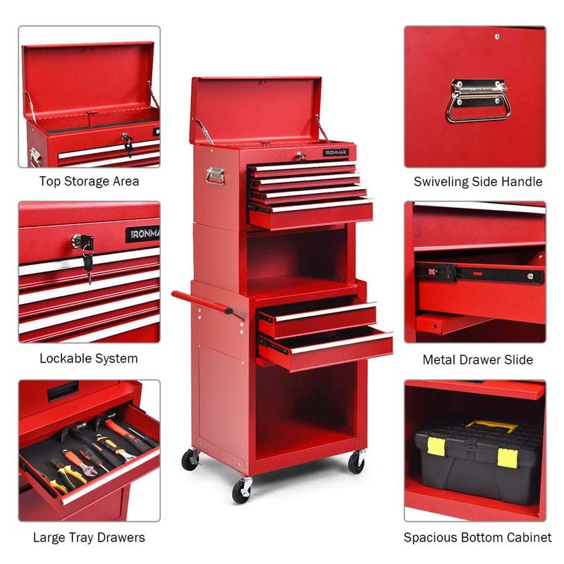 Heightened 6-Drawer Rolling Tool Chest Cabinet with Riser & Lock, 3 in 1 Big Toolbox Organizer for Workshop Garage
