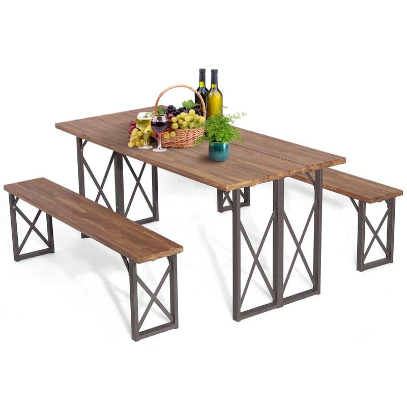 3 Pcs Acacia Wood Outdoor Picnic Table Bench Set with 2" Umbrella Hole, Space-Saving Camping Dining Table Set