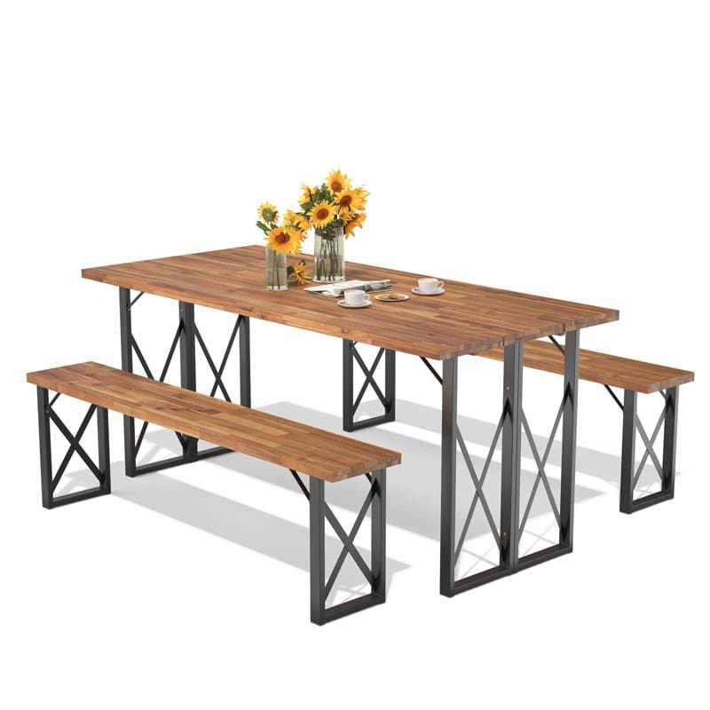 3 Pcs Acacia Wood Outdoor Picnic Table Bench Set with 2" Umbrella Hole, Space-Saving Camping Dining Table Set