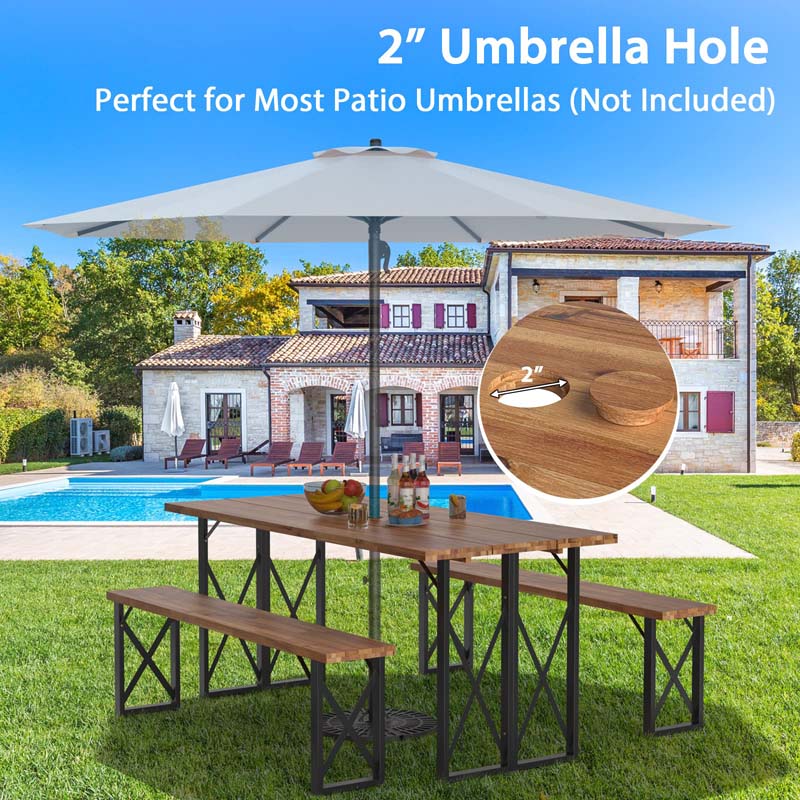 3 Pcs Acacia Wood Outdoor Picnic Table Bench Set with 2" Umbrella Hole, Space-Saving Camping Dining Table Set