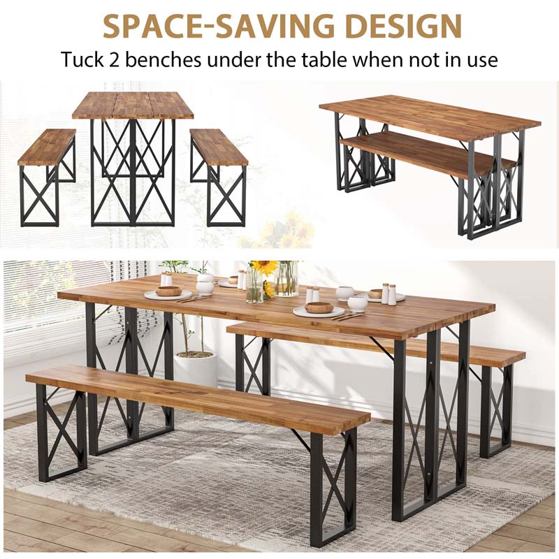 3 Pcs Acacia Wood Outdoor Picnic Table Bench Set with 2" Umbrella Hole, Space-Saving Camping Dining Table Set