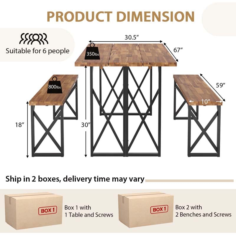 3 Pcs Acacia Wood Outdoor Picnic Table Bench Set with 2" Umbrella Hole, Space-Saving Camping Dining Table Set