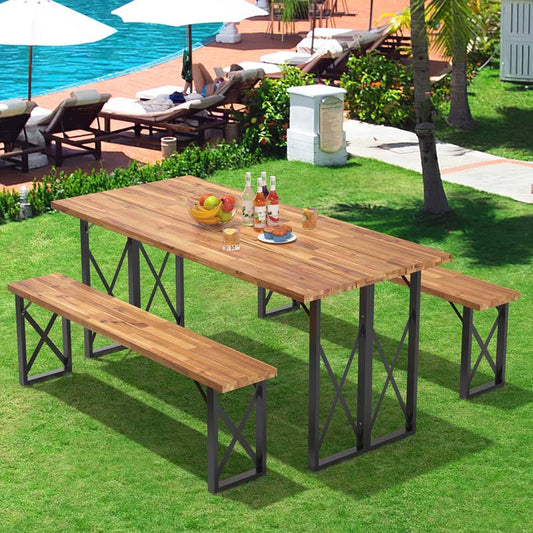 3 Pcs Acacia Wood Outdoor Picnic Table Bench Set with 2" Umbrella Hole, Space-Saving Camping Dining Table Set