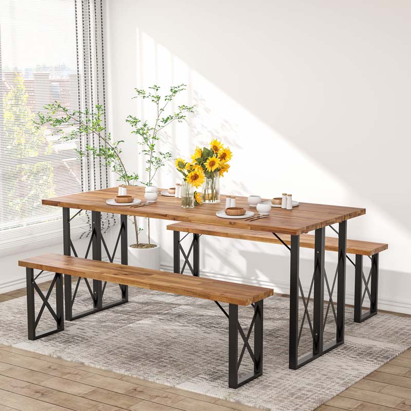 3 Pcs Acacia Wood Outdoor Picnic Table Bench Set with 2" Umbrella Hole, Space-Saving Camping Dining Table Set