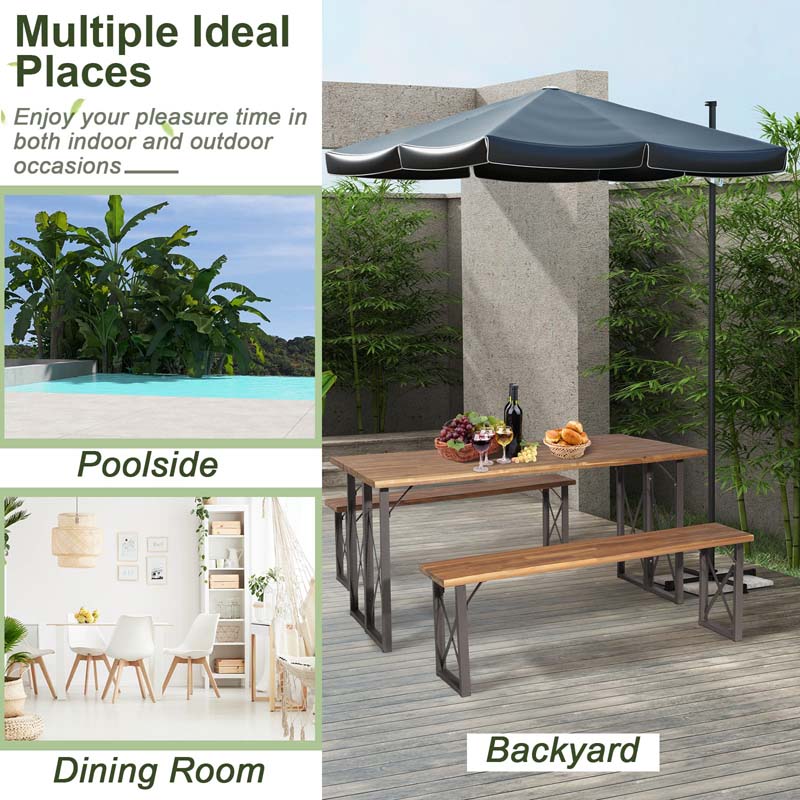 3 Pcs Acacia Wood Outdoor Picnic Table Bench Set with 2" Umbrella Hole, Space-Saving Camping Dining Table Set