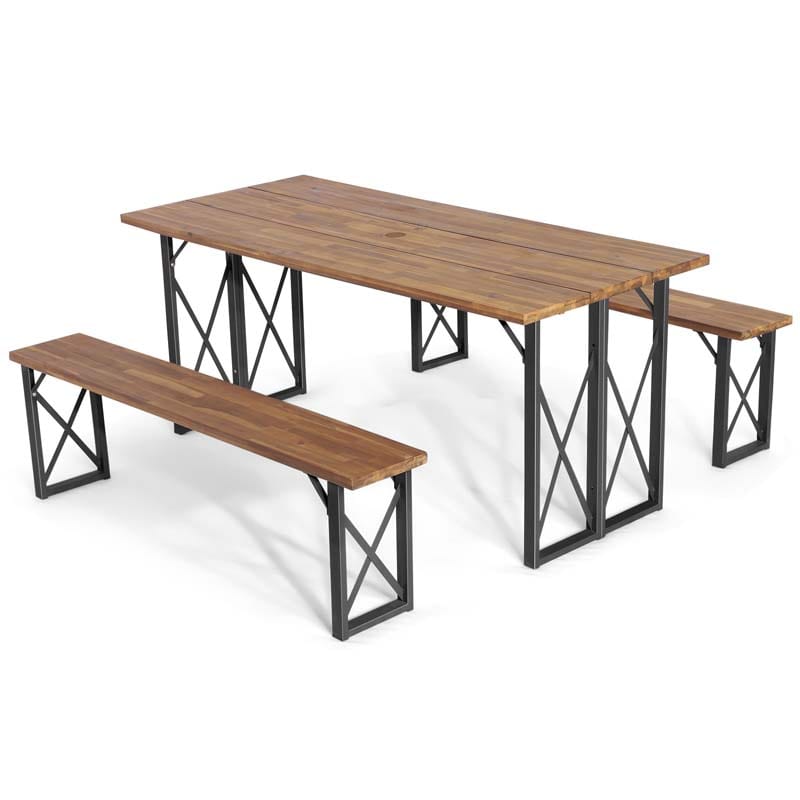 3 Pcs Acacia Wood Outdoor Picnic Table Bench Set with 2" Umbrella Hole, Space-Saving Camping Dining Table Set